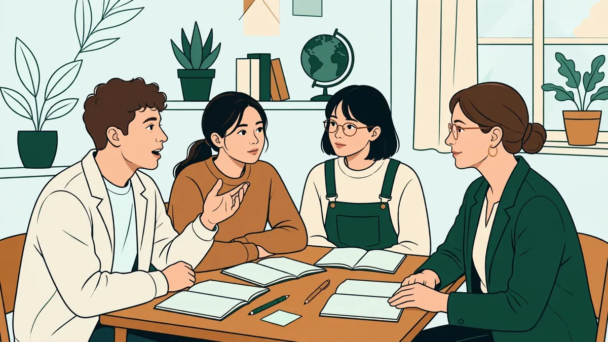 Trois étudiants autour d'une table qui répètent un dialogue en letton avec leur enseignante