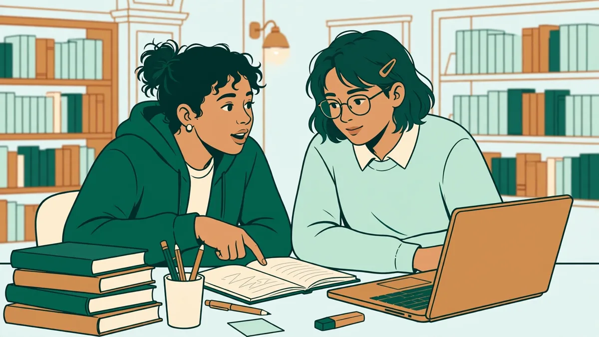 Deux étudiantes qui préparent ensemble un exposé sur la culture balte en bibliothèque
