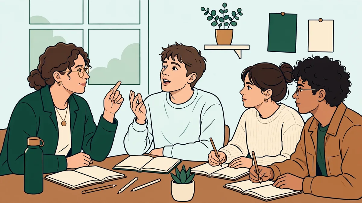 Petit groupe d'étudiants qui pratiquent l'oral en langue rare autour d'une table, l'un parle pendant que les autres prennent des notes