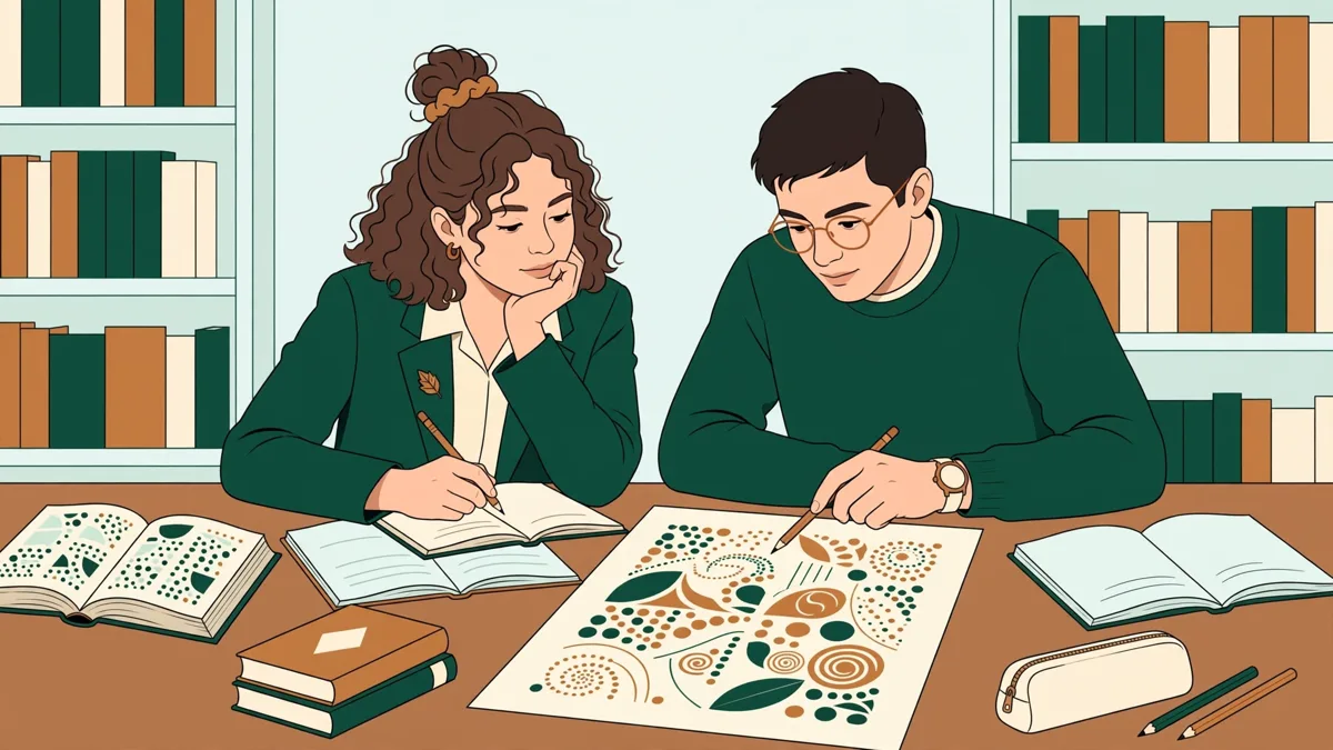 Deux étudiantes qui traduisent un texte en alphabet cyrillique dans une bibliothèque, dictionnaires et carnets ouverts