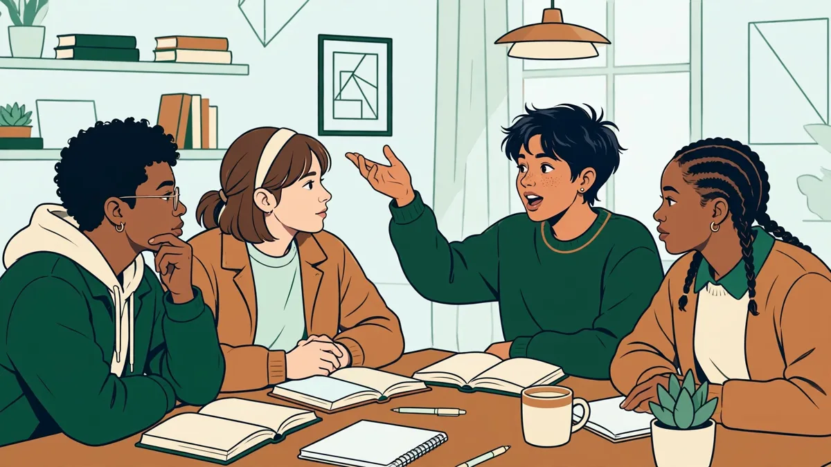 Quatre étudiants autour d'une table débattent, livres ouverts en français et en langue étrangère, l'une prend des notes