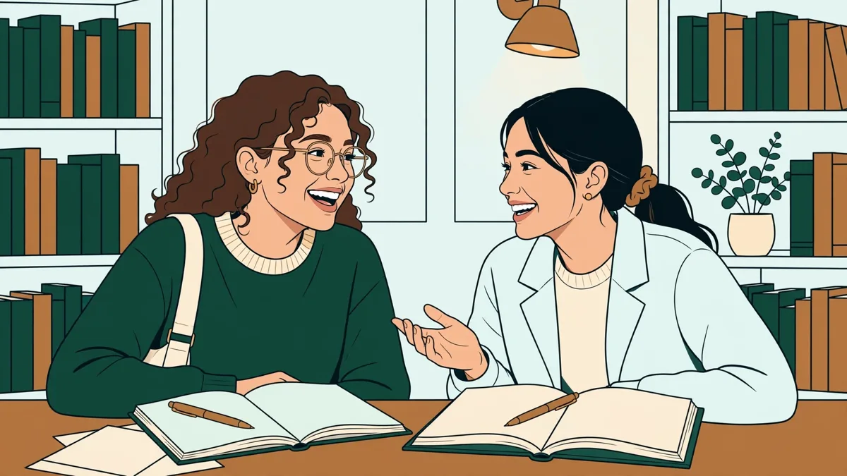 Deux étudiantes en tandem de langue échangent dans un coin bibliothèque, carnets et tasses sur la table