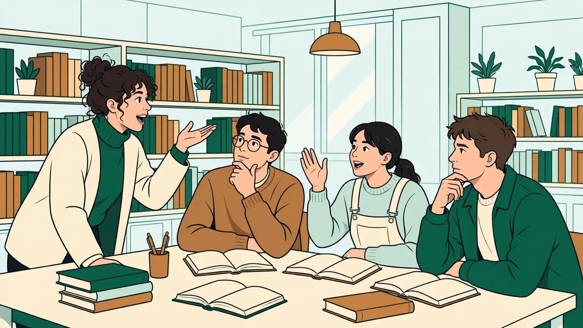 Illustration dessinée d'étudiants autour d'une table en salle de lecture, en plein débat sur des livres ouverts, une étudiante présentant son analyse.