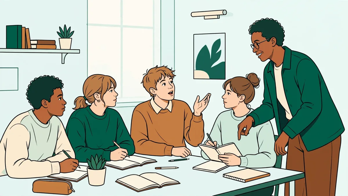 Illustration dessinée d'étudiants en petit groupe de travaux dirigés, l'un prenant la parole pendant que les autres écoutent et prennent des notes, enseignant à côté.
