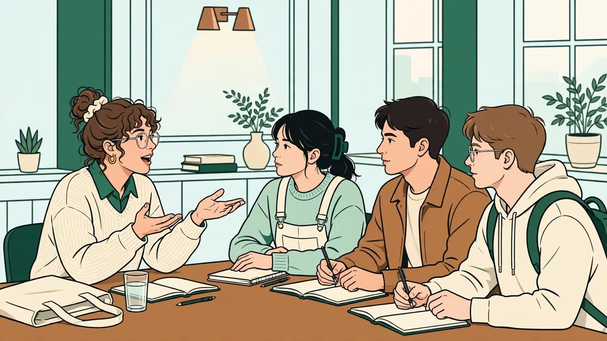 Petit groupe d'étudiants en débat en anglais autour d'une table, l'une d'elles parle debout pendant que les autres écoutent avec leurs carnets.