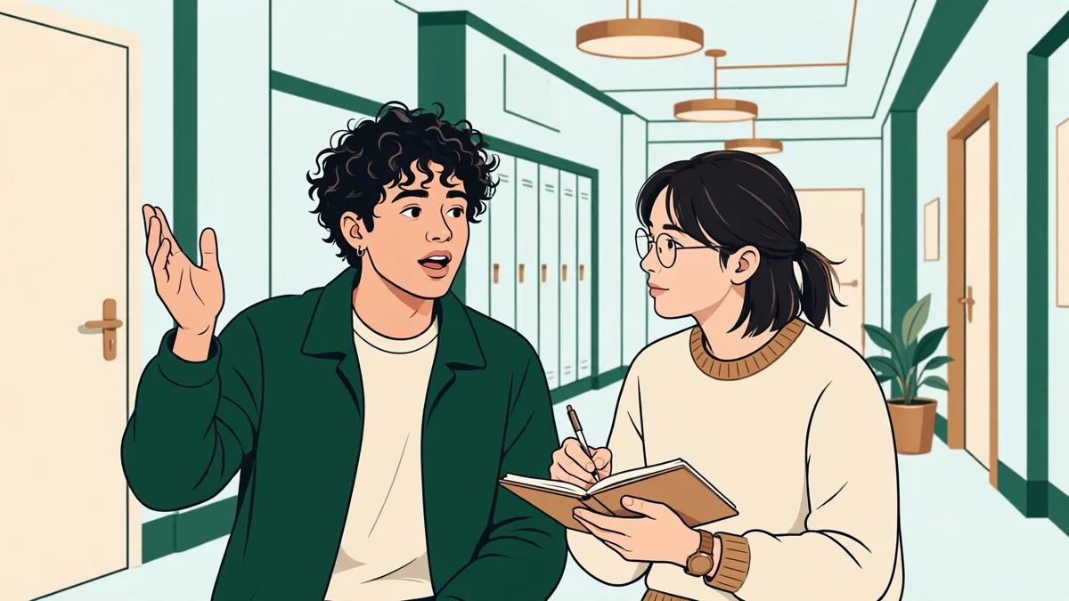 Deux étudiantes qui répètent un exposé oral en anglais dans un couloir lumineux, l'une parle pendant que l'autre écoute et prend des notes.