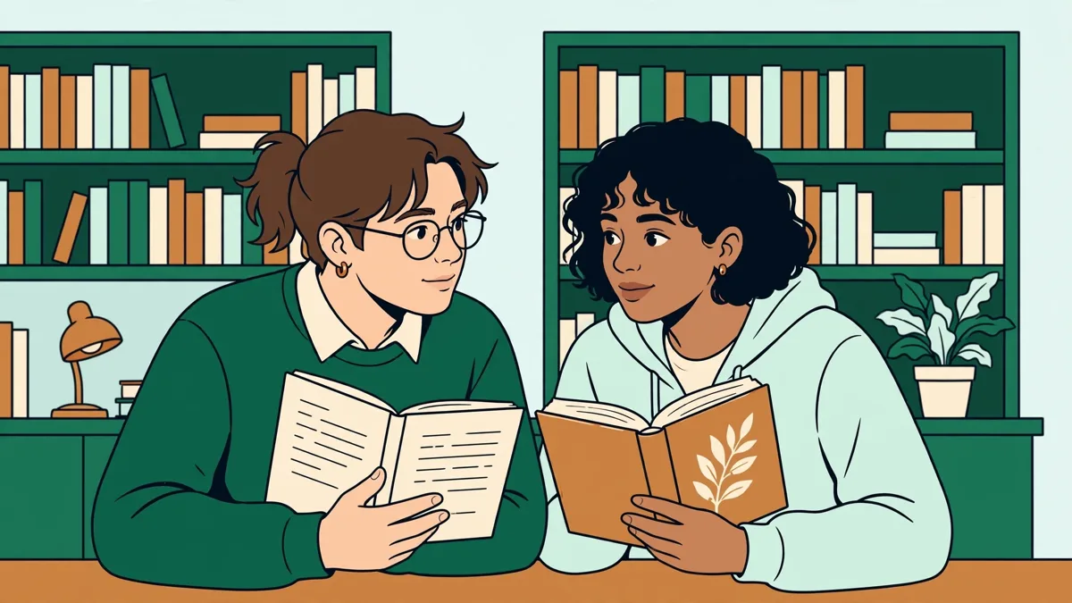 Deux étudiantes qui comparent leurs notes et un roman traduit devant des rayonnages de bibliothèque universitaire.