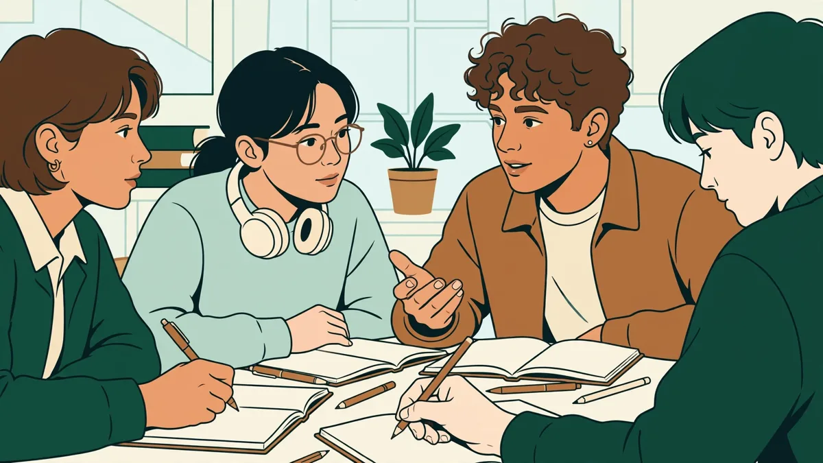 Petit groupe d'étudiants qui s'entraînent à écrire et prononcer le coréen autour d'une table, carnets et tableau blanc.