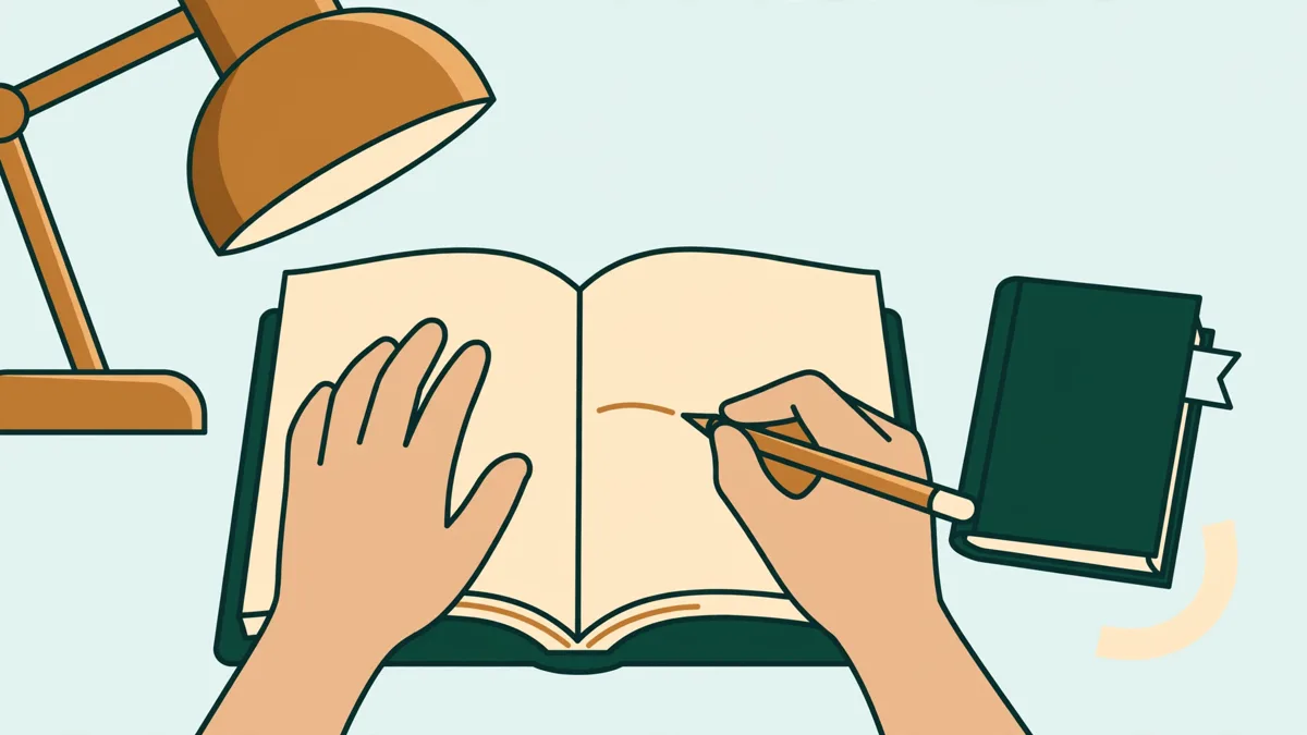 Étudiant en gros plan qui annote au crayon un roman italien ouvert, avec un dictionnaire bilingue à côté