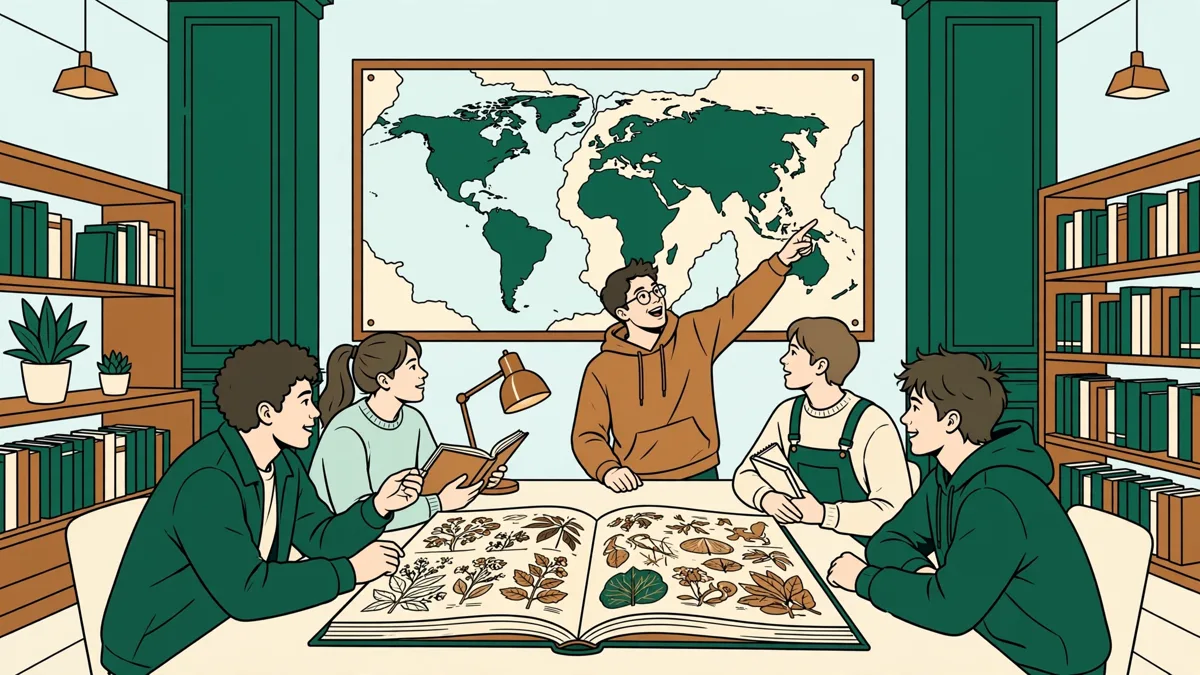 Étudiants en bibliothèque universitaire autour d'une table, comparant des livres illustrés et une carte, échange animé