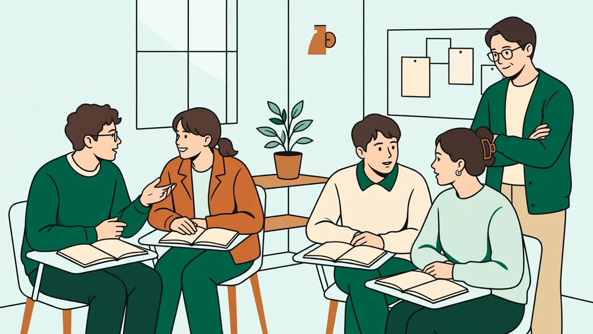 Étudiants en petit groupe en salle de cours lumineuse, en train de pratiquer une conversation par deux avec carnets, enseignant à l'écoute