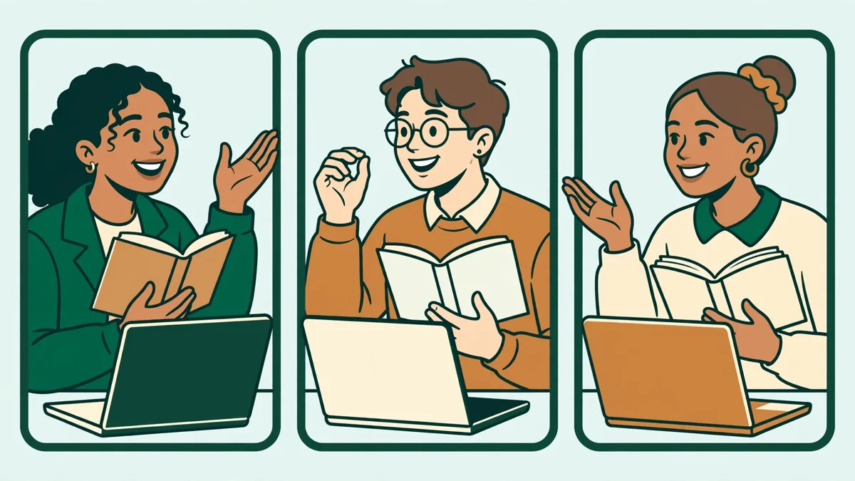 Trois étudiants en visioconférence sur un grand écran, un livre ouvert à la main, en train de discuter ensemble d'un texte en portugais.
