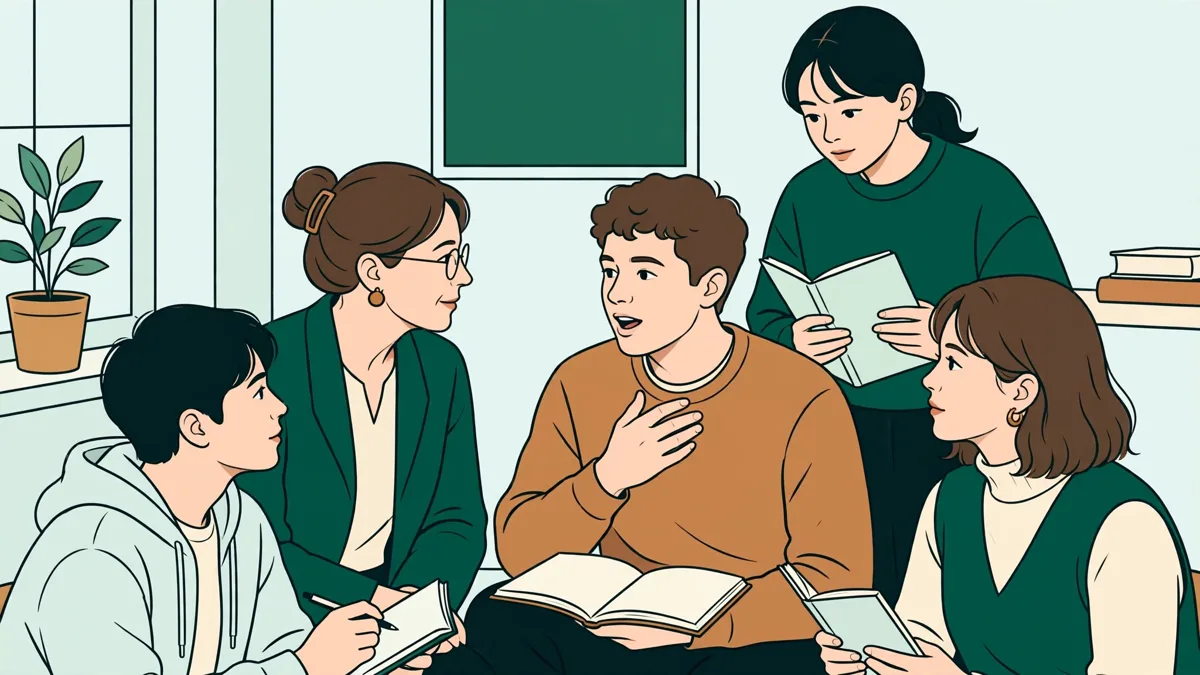 Petit groupe d'étudiants en cercle qui pratiquent le russe oral avec une enseignante.
