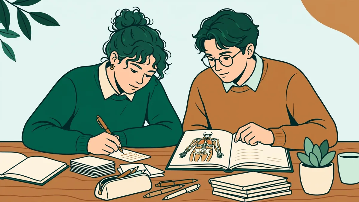 Deux étudiantes en train de réviser ensemble, l'une avec une fiche de vocabulaire russe, l'autre avec un schéma d'anatomie.