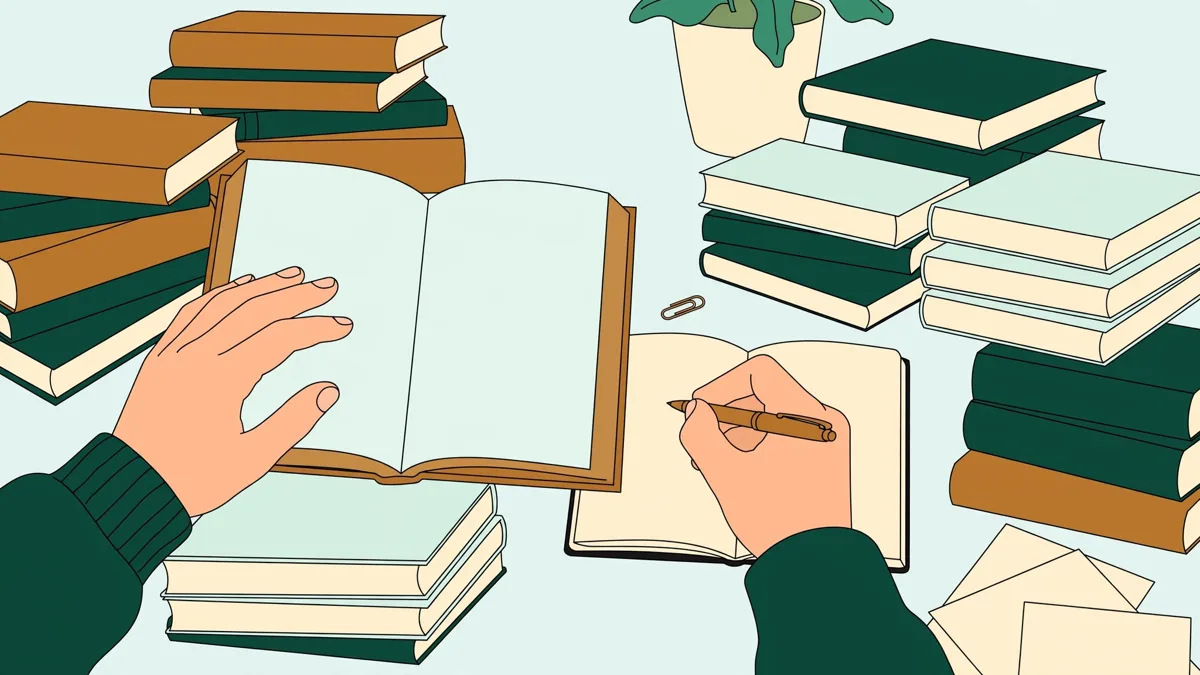 Une étudiante assise en bibliothèque universitaire, entourée de romans et de dictionnaires, en train de lire un livre en langue étrangère et de prendre des notes.
