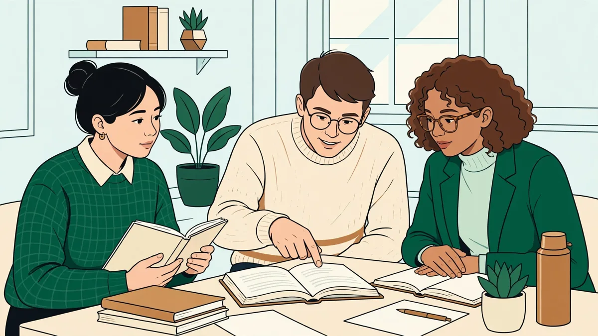 Trois étudiants autour d'une table en salle de TD, penchés sur des textes en anglais et en allemand, l'un pointant une phrase dans un cahier pendant que les autres comparent leurs notes.