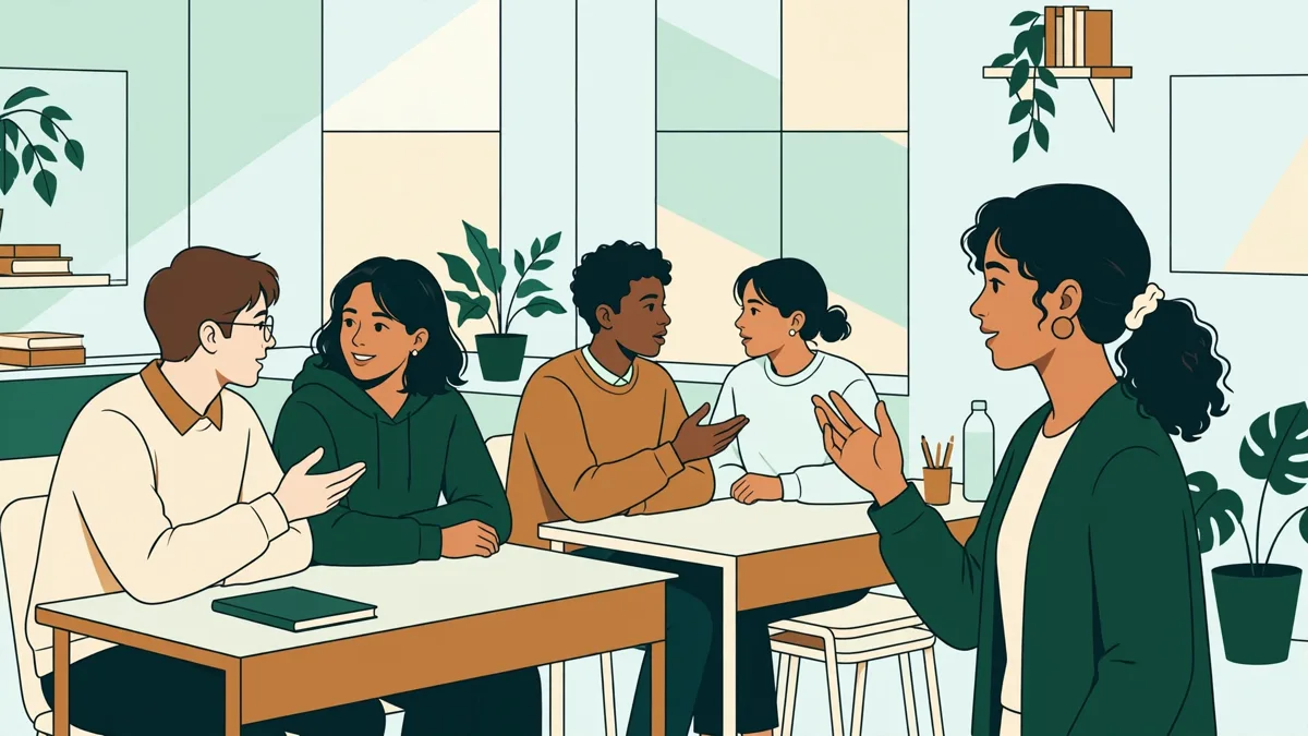 Quatre étudiants en petit séminaire qui répètent un dialogue par deux, une enseignante qui les écoute et les fait reformuler.