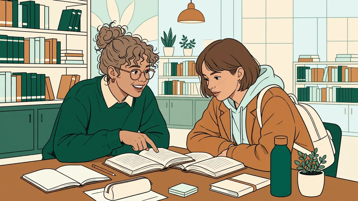 Deux étudiantes qui comparent des livres en anglais et en japonais autour d'une table de bibliothèque, carnets ouverts.