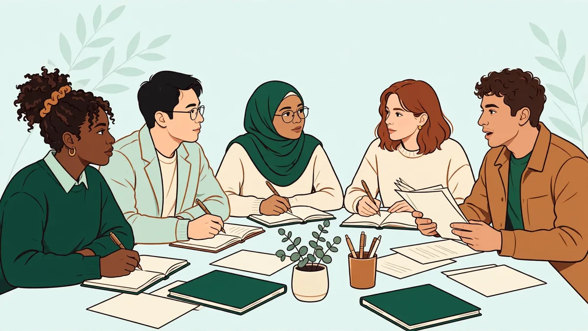 Atelier d'écriture à l'université : cinq étudiants autour d'une grande table, l'un lit son texte à voix haute pendant que les autres annotent leurs pages.