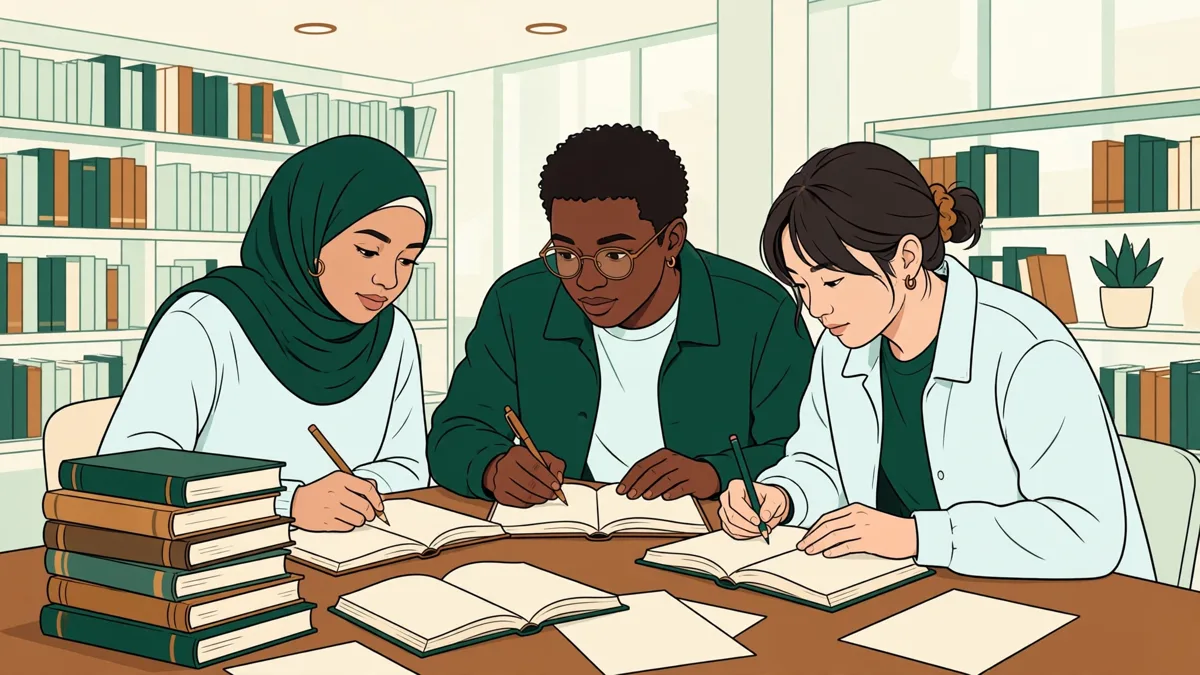 En bibliothèque universitaire, trois étudiantes comparent des livres ouverts et prennent des notes pour préparer un exercice d'écriture.