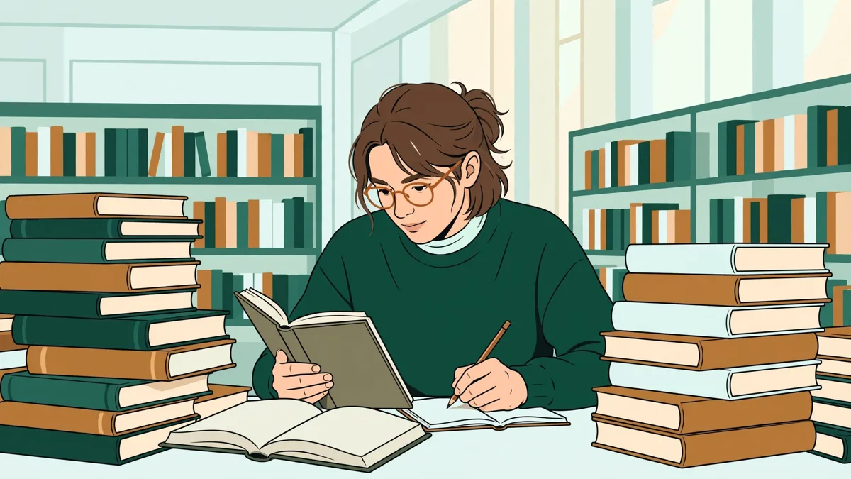Étudiante qui lit et prend des notes entre des piles de romans et de livres d'histoire en bibliothèque