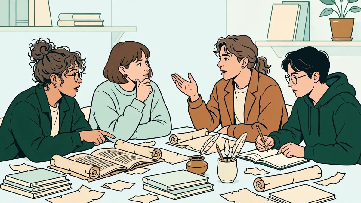 Petit groupe d'étudiants en séminaire autour d'une grande table, en train de discuter d'un texte ancien projeté