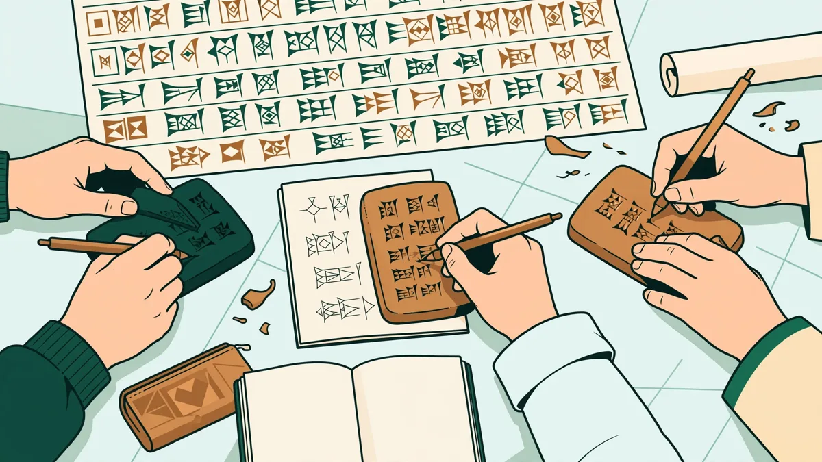 Trois étudiants penchés sur des reproductions de tablettes d'argile et un alphabet hiéroglyphique, en train de recopier des signes