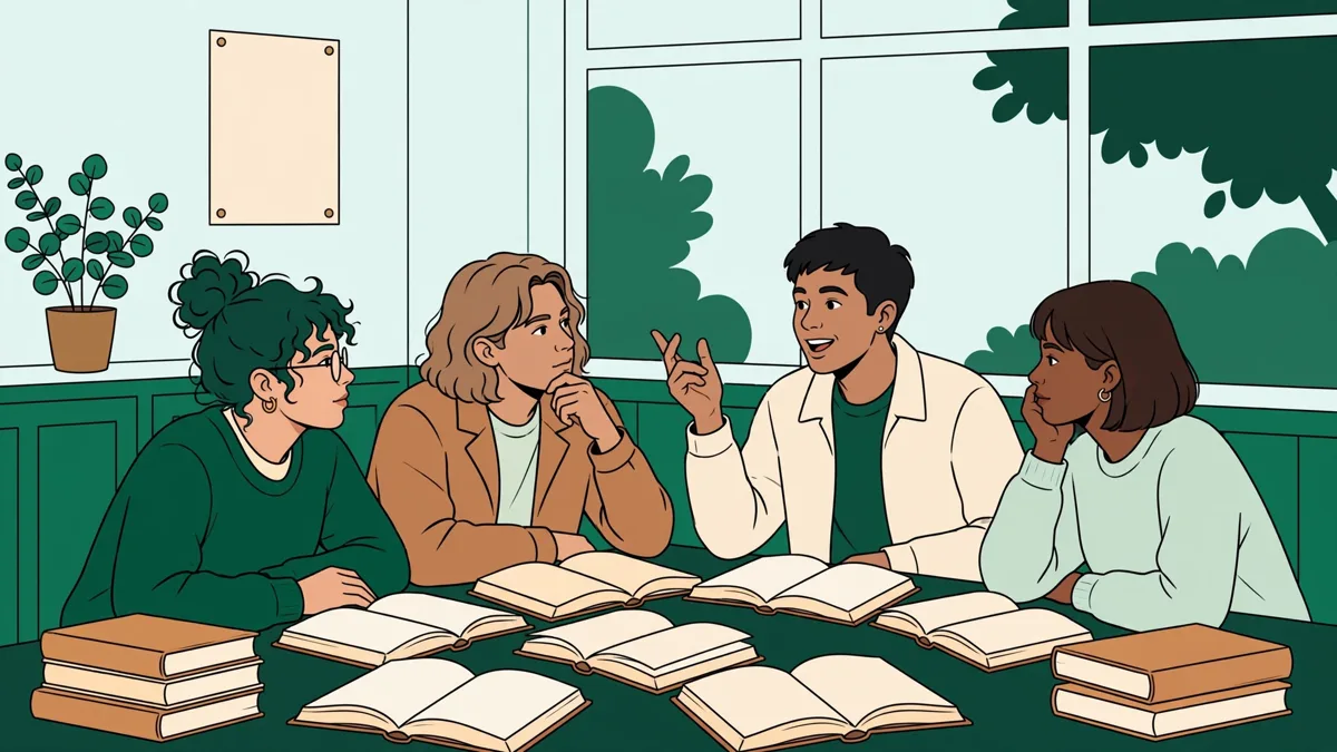 Petit groupe d’étudiants en lettres qui discutent autour d’une table, livres ouverts en français et en anglais, l’un d’eux prend la parole.