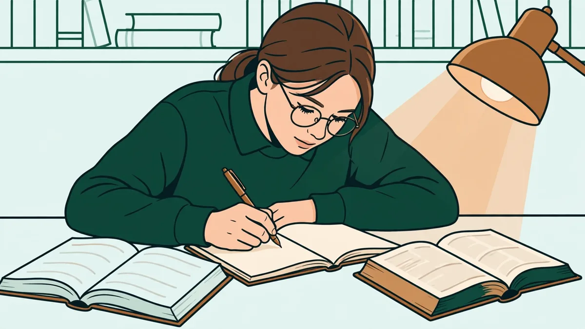 Une étudiante penchée sur un bureau de bibliothèque, entre un roman anglais et un dictionnaire, en train d’annoter sa traduction.
