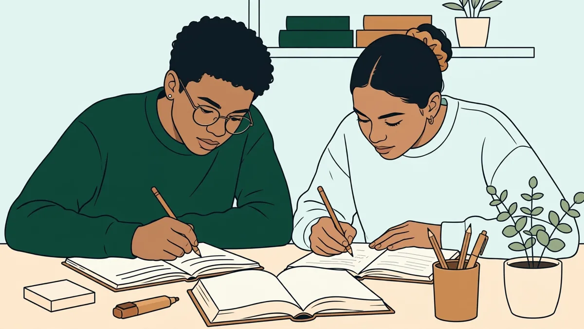 Deux étudiantes en lettres travaillant en binôme sur un poème en anglais, dictionnaire et carnets ouverts, l'une soulignant un vers pendant que l'autre prépare l'oral.