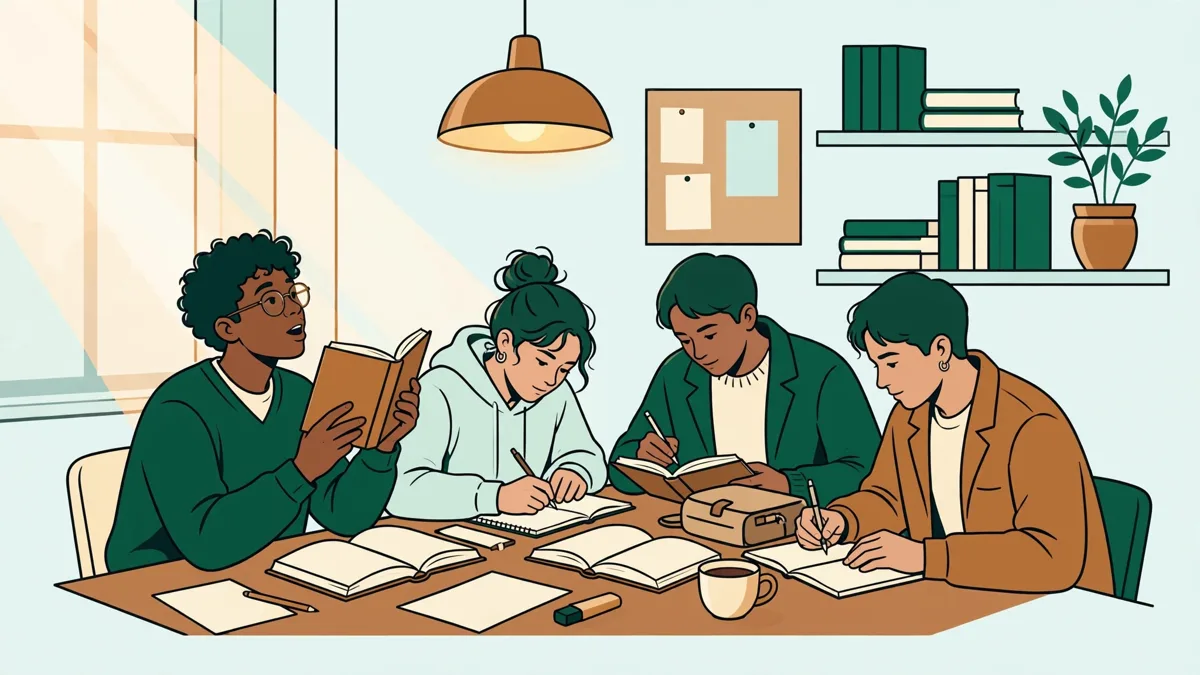 Des étudiants en lettres autour d'une table en travaux dirigés, un roman ouvert devant eux, l'une lisant un passage à voix haute pendant que les autres annotent.