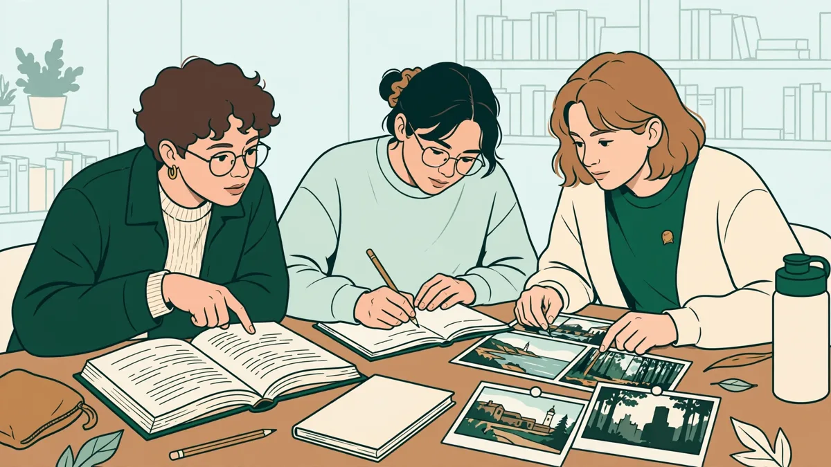 Trois étudiants autour d'une table comparent un roman ouvert et des photogrammes, l'une pointe une page, un autre prend des notes
