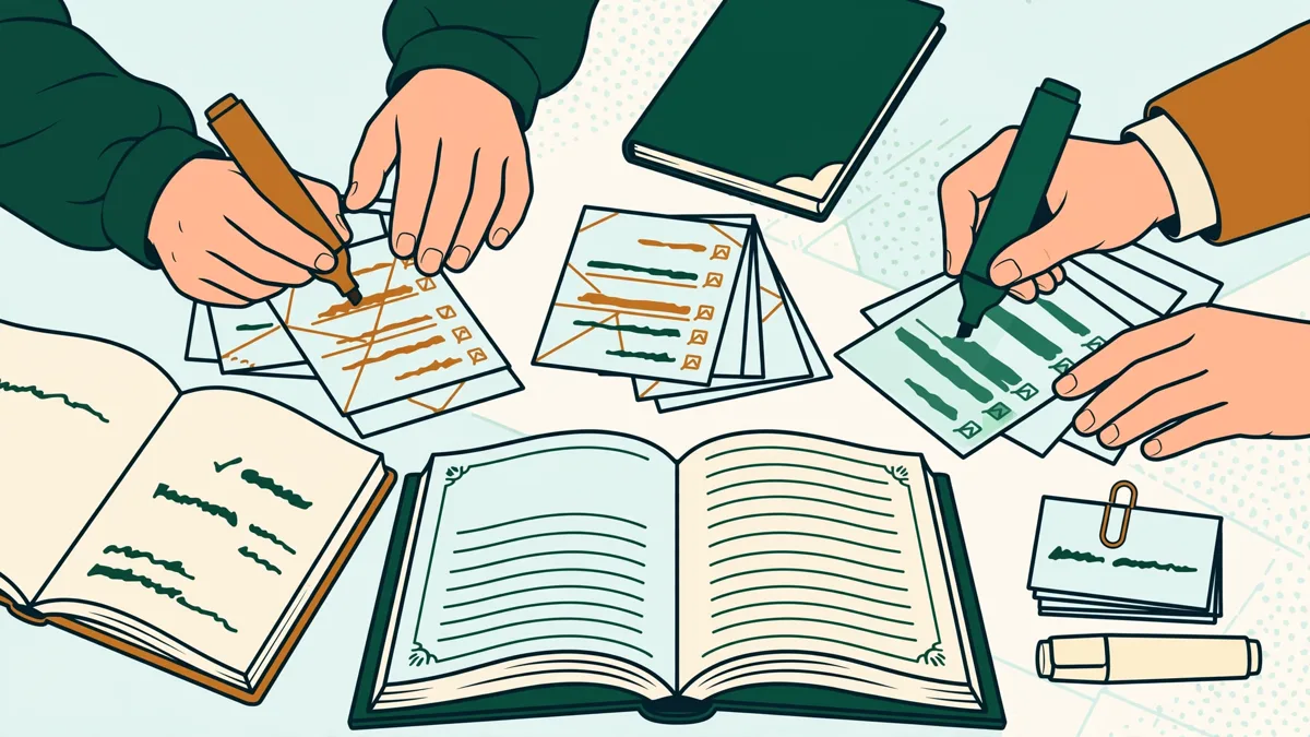 Deux étudiants comparent des phrases d'apprenants sur des fiches posées sur une table, avec un manuel de grammaire ouvert et des surlignages de couleur.