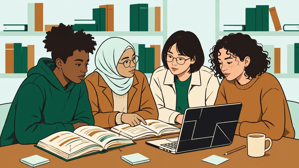Quatre étudiants autour d'une table qui comparent un livre annoté et un écran d'ordinateur affichant des formes abstraites
