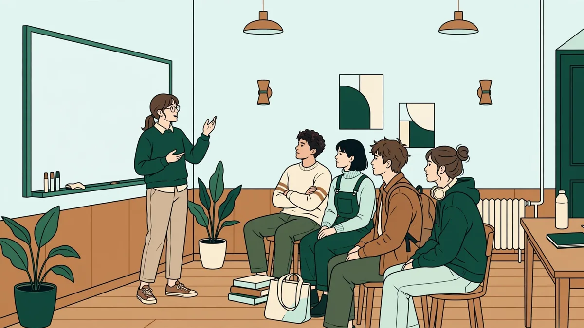 Une étudiante qui présente un exposé devant un petit groupe attentif dans une salle de travaux dirigés