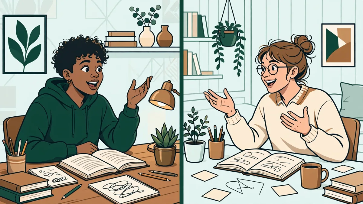 Illustration dessinée de deux étudiants en visioconférence qui débattent avec animation, carnets et livres ouverts devant eux.
