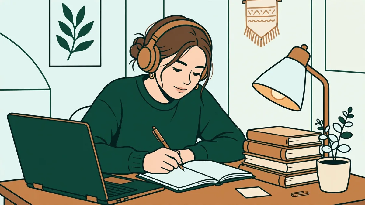 Illustration dessinée d'une étudiante à son bureau à la maison, casque sur les oreilles, prenant des notes devant un ordinateur portable entouré de livres.