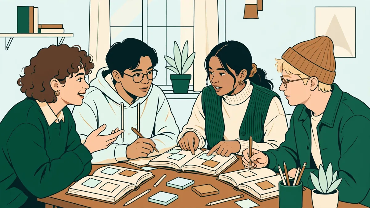Quatre étudiants autour d'une table annotent ensemble un roman et comparent leurs notes pendant un travaux dirigés.