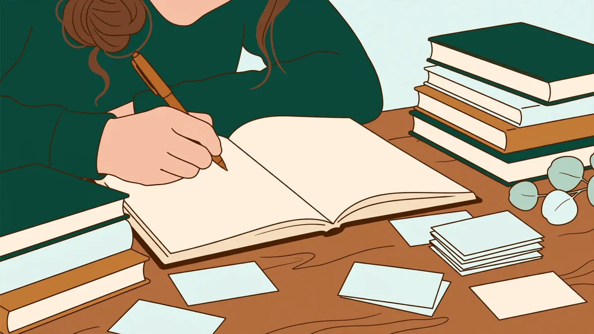 Étudiante en lettres qui rédige une dissertation à la bibliothèque, entourée de piles de livres et de fiches.