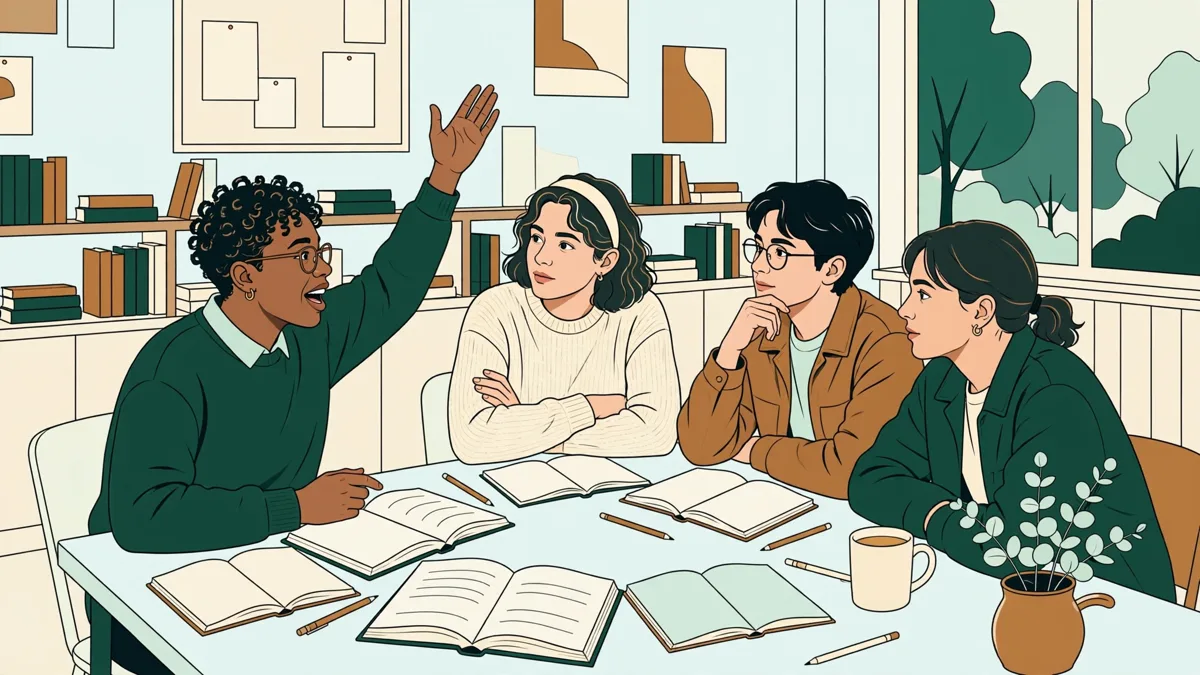 Petit groupe d'étudiants en lettres qui débattent autour d'une table couverte de livres et de carnets ouverts.
