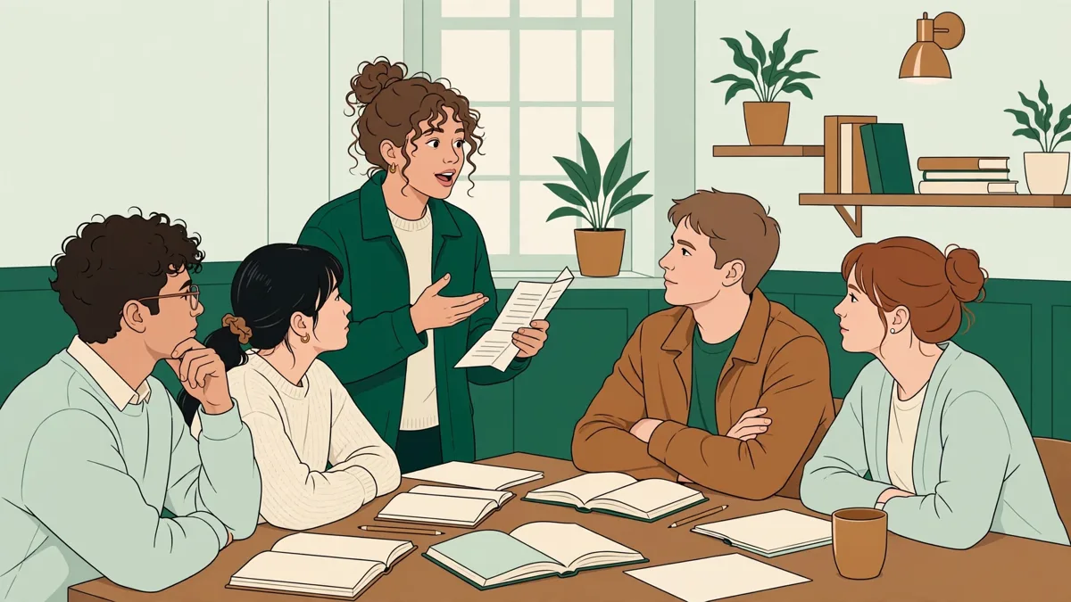 Petit groupe d'étudiants en lettres qui débattent autour d'une table couverte de livres, l'une d'elles prend la parole carnet en main