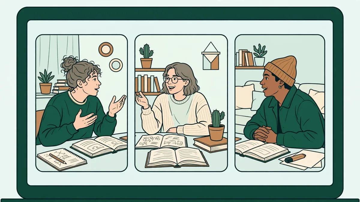 Trois étudiants en visioconférence depuis chez eux, un livre ouvert devant chacun, en train de débattre d'un passage avec des gestes animés.