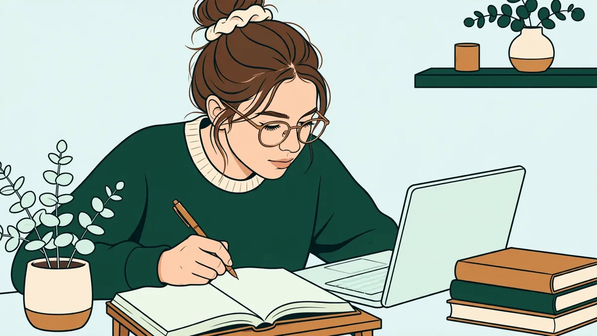 Une étudiante à son bureau chez elle, entourée de romans ouverts, qui annote un livre tout en suivant un cours sur son ordinateur portable.