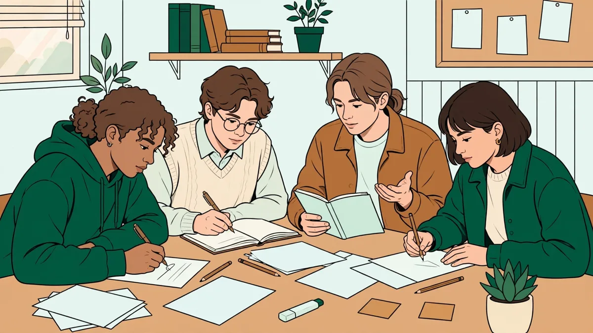 Quatre étudiants autour d'une table couverte de brouillons qui relisent et annotent leurs textes ensemble