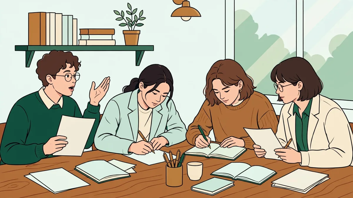 Petit groupe d'étudiants autour d'une table qui relisent ensemble des textes imprimés