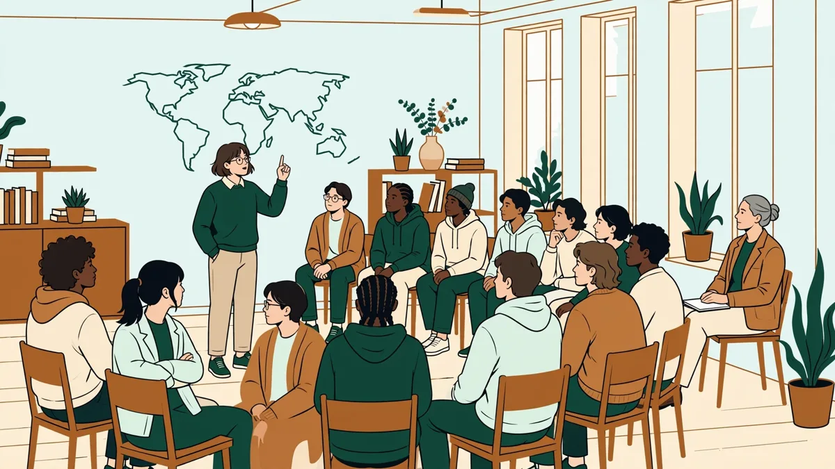 Une étudiante présente un exposé devant une petite classe attentive