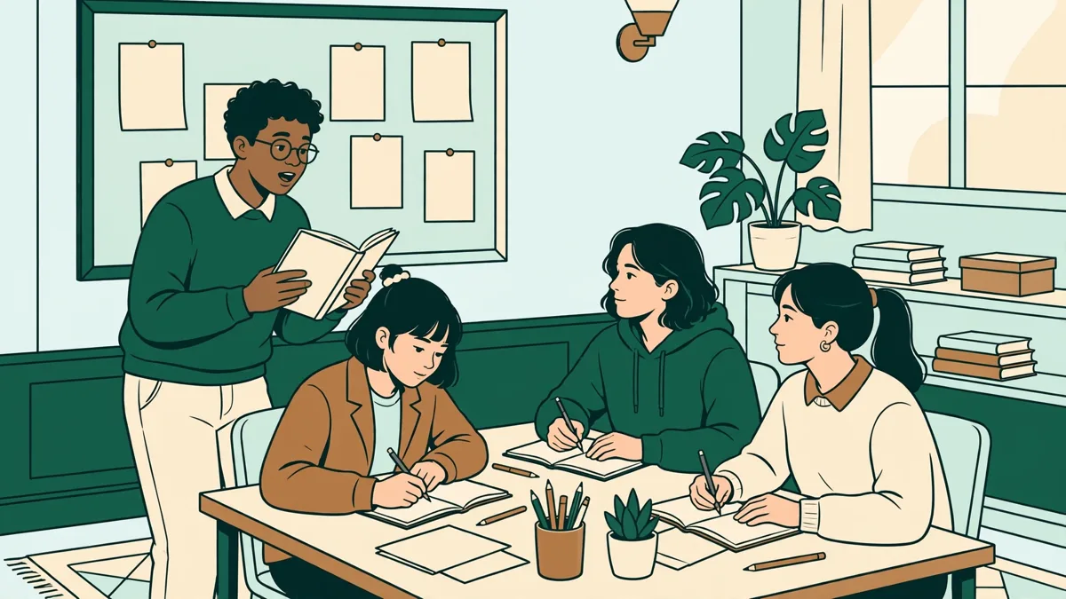 Atelier d'écriture en licence lettres : des étudiants relisent leurs textes autour d'une table et discutent