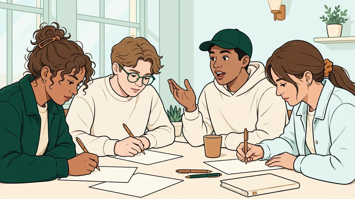 Quatre étudiants autour d'une table qui relisent et annotent leurs textes manuscrits pendant un atelier d'écriture