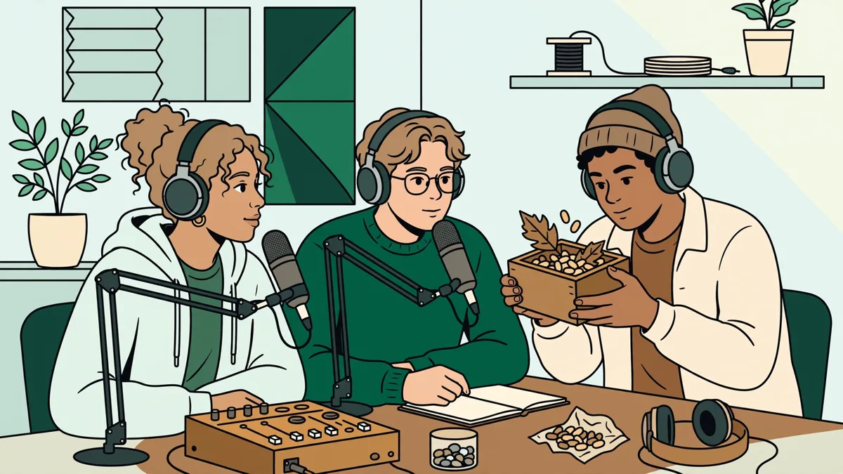 Deux étudiantes et un étudiant qui enregistrent une scène de théâtre radiophonique avec casques et micros en studio