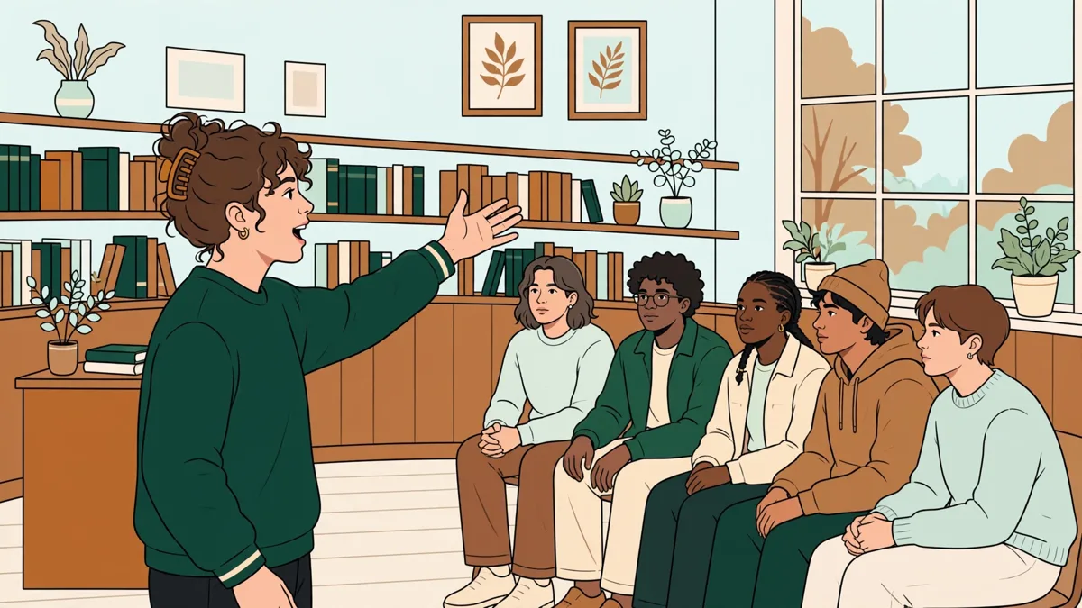 Une étudiante présente un exposé oral devant sa classe, avec des extraits de tragédie grecque projetés derrière elle.